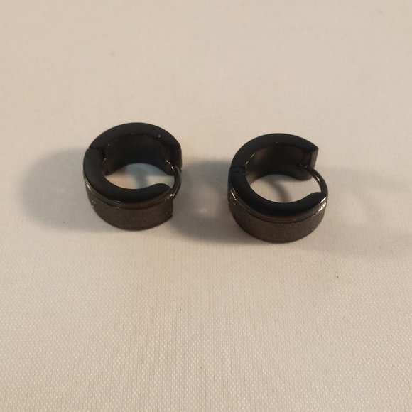 Mens Black Frosted Sandblast Stainless Steel Hoop Earrings 13mm Party Gift - Picture 3 of 4